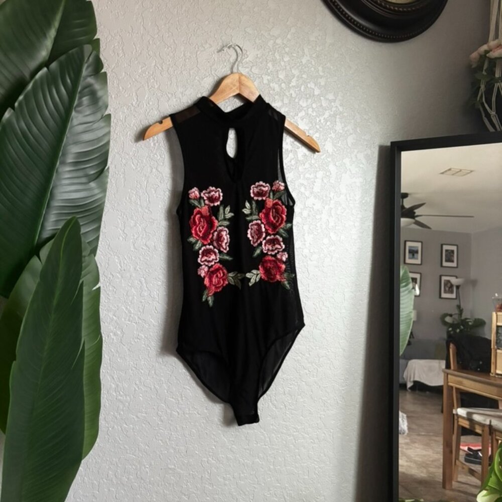 Black Sleeveless Sheer Bodysuit with Red Rose Embroidery